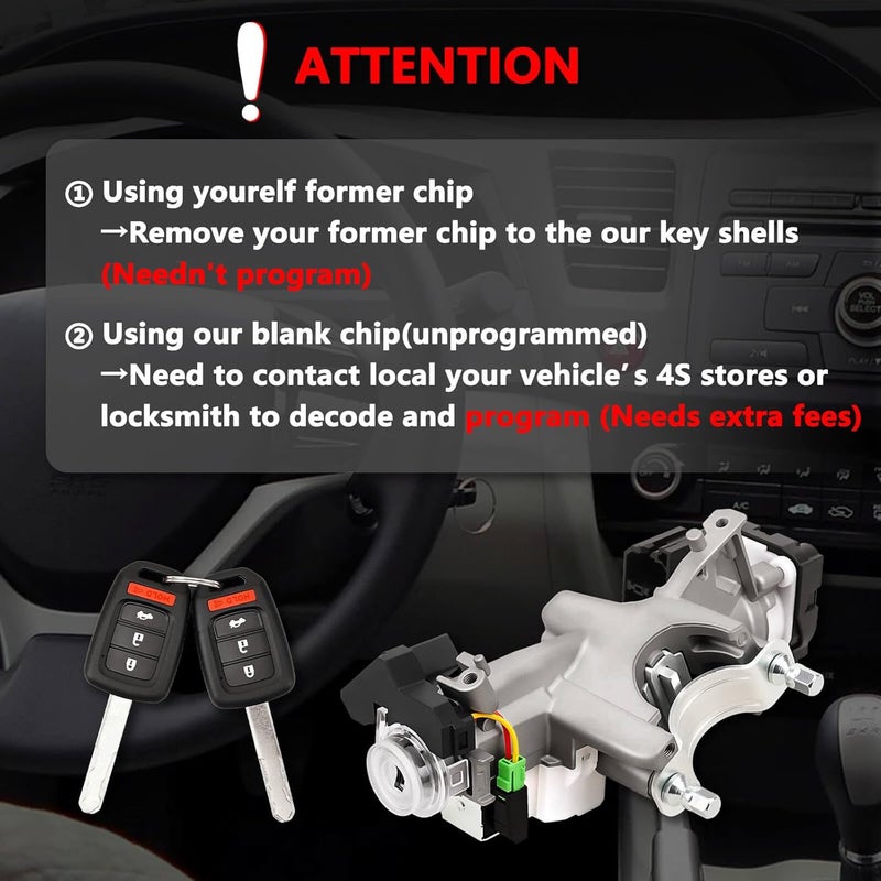 RAMATA 0635lT6PH01 06351-T6P-H01 Ignition Switch Lock Cylinder with Key (with Blank Chip) Compatible with 2014 2015 Honda Civic 1.8L, Replace # US1326 (Ignition Chip: 47,Frequency: 313.8Hz) - Image 2